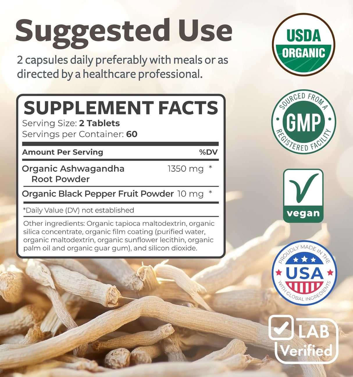 Ashwagandha Orgánica USDA, 120 Tabletas, 1350mg, Soporte Natural