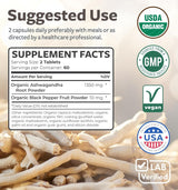 Ashwagandha Orgánica USDA, 120 Tabletas, 1350mg, Soporte Natural