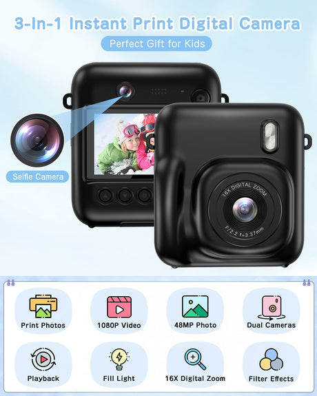 Cámara Instantánea Dual para Niños, 48MP, 1080P, Regalo Navidad