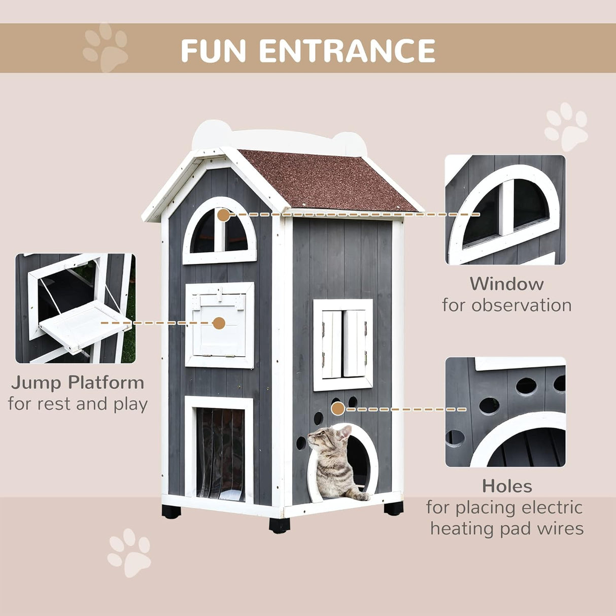 Casa para Gatos PawHut 43 con Hamaca, 3 Pisos, Resistente