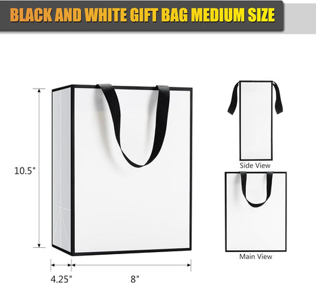 YUEYANG Bolsas de regalo medianas en blanco y negro, paquete de 10 bolsas de regalo de 8 x 4.25 x 10.5 pulgadas con asas de cinta para bodas, cumpleaños, vacaciones, venta al por menor, tienda,