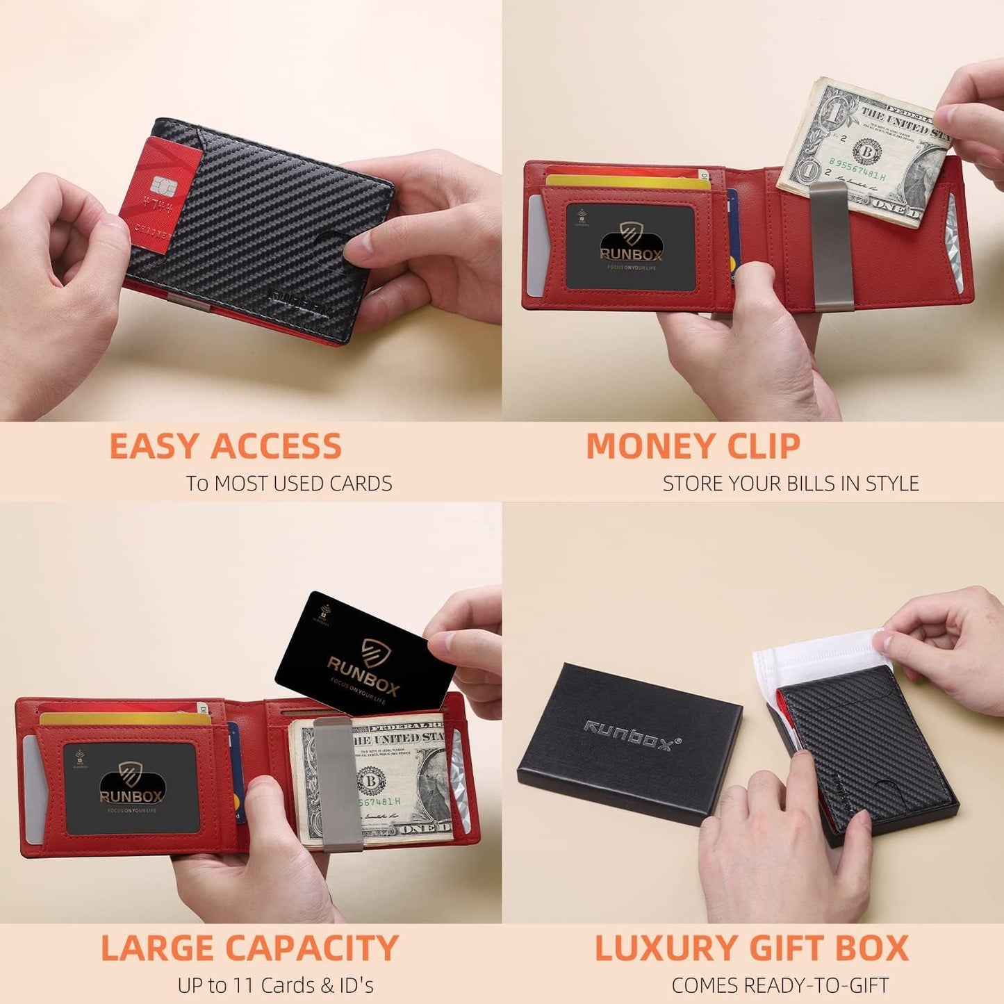 Billetera RUNBOX Slim para Hombre - Clip de Dinero, RFID, Bifold