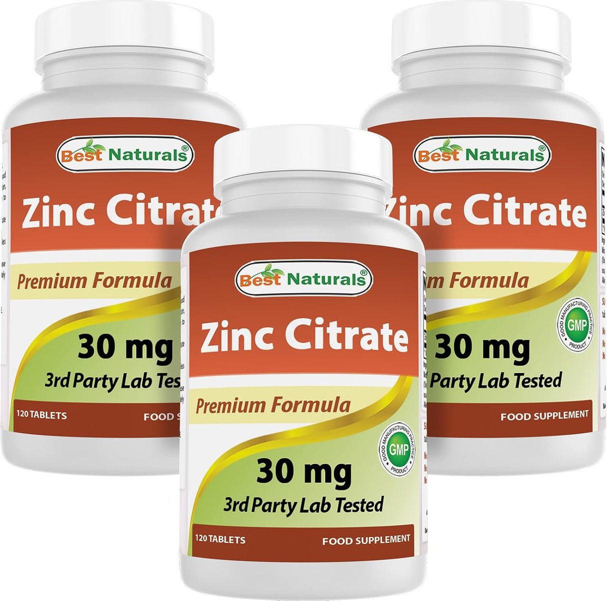 Suplemento de Zinc 30mg Best Naturals Zinc Citrato, Inmunidad, 120 Tablas x 3