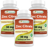 Suplemento de Zinc 30mg Best Naturals Zinc Citrato, Inmunidad, 120 Tablas x 3