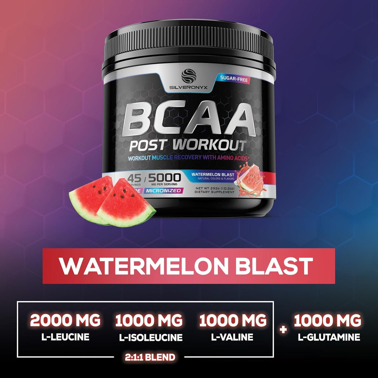 Suplemento de recuperación muscular con BCAA, L-Glutamina, aminoácidos, 45 porciones