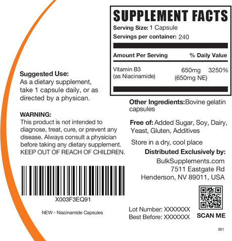 Suplemento de vitamina B3 (niacinamida) 100 cáp  de gelatina