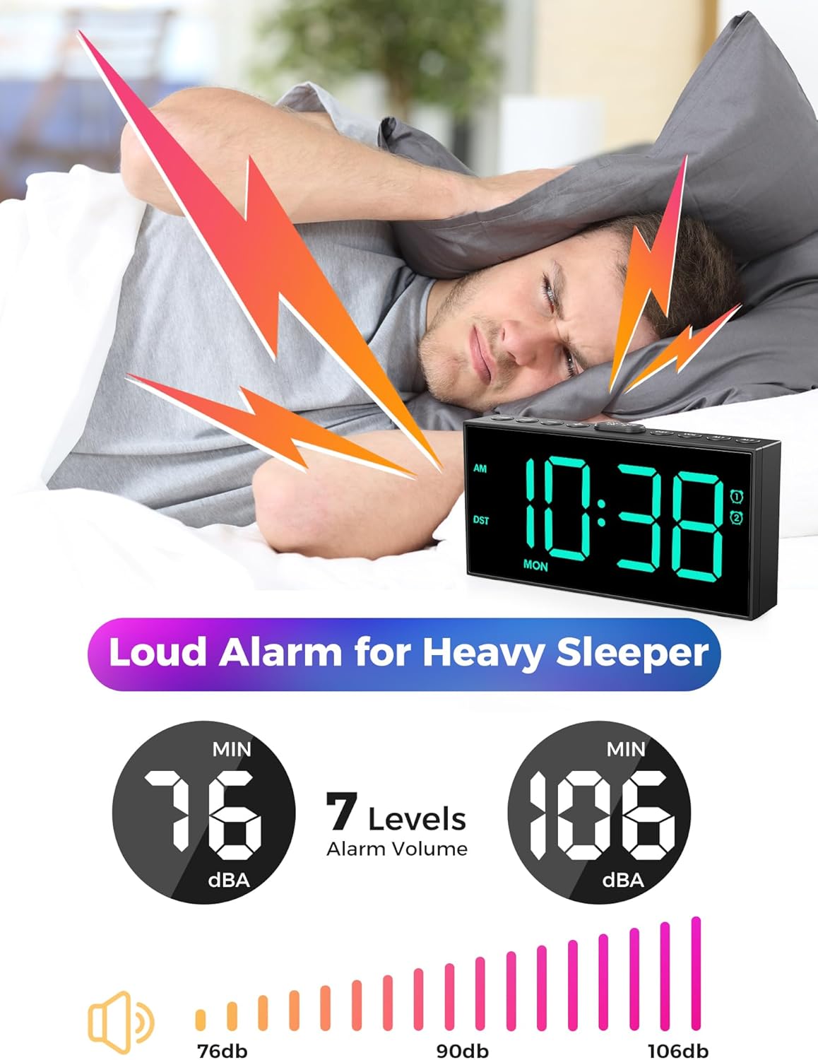 Reloj Despertador Digital RGB, Números Grandes, USB, Ajustable