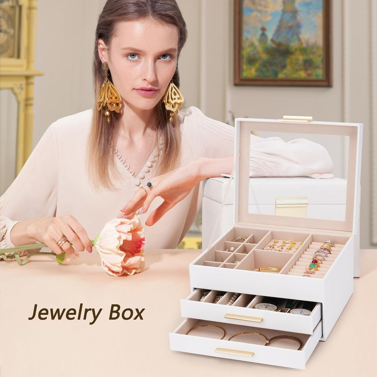 Caja de joyas 3 capas, organizador con tapa de vidrio, modelo X.