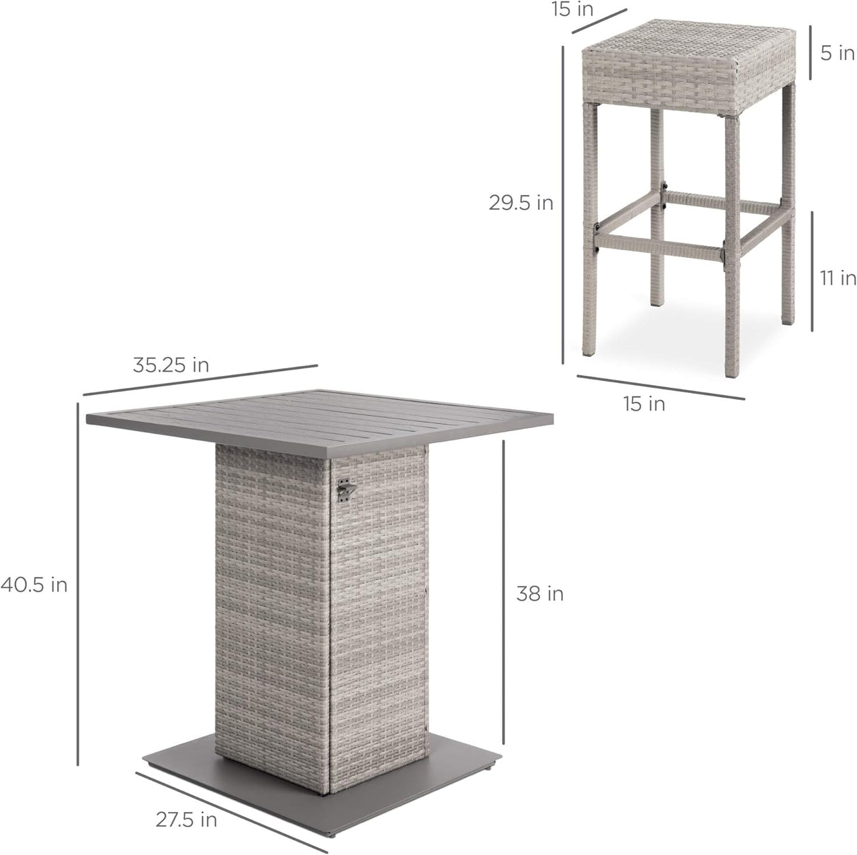 Best Choice Products Juego de mesa de mimbre de 5 piezas para patio, piscina, patio trasero con abridor de botellas integrado, estante de almacenamiento oculto, mesa de metal, 4 taburetes, color gris