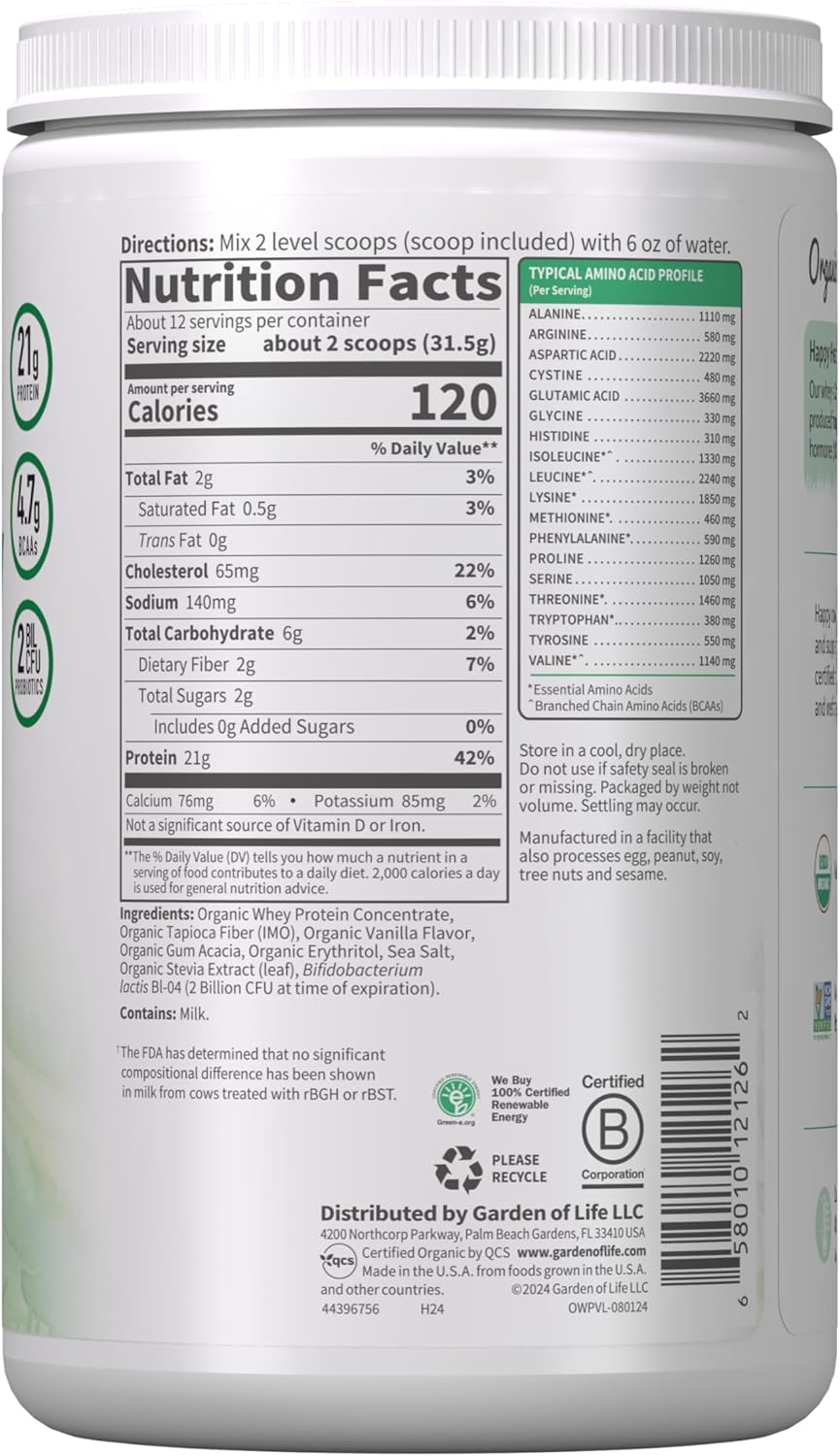 Proteína de suero de leche de vaca alimentada con pasto Garden of Life, 21g, probióticos