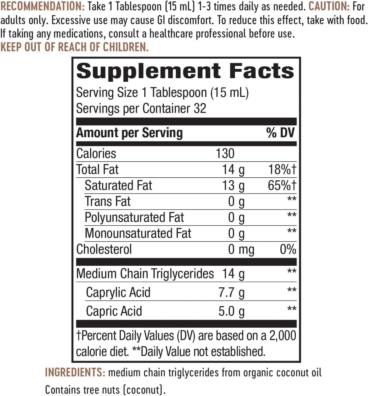 Suplemento Aceite MCT orgánico de coco  sin OMG sin gluten