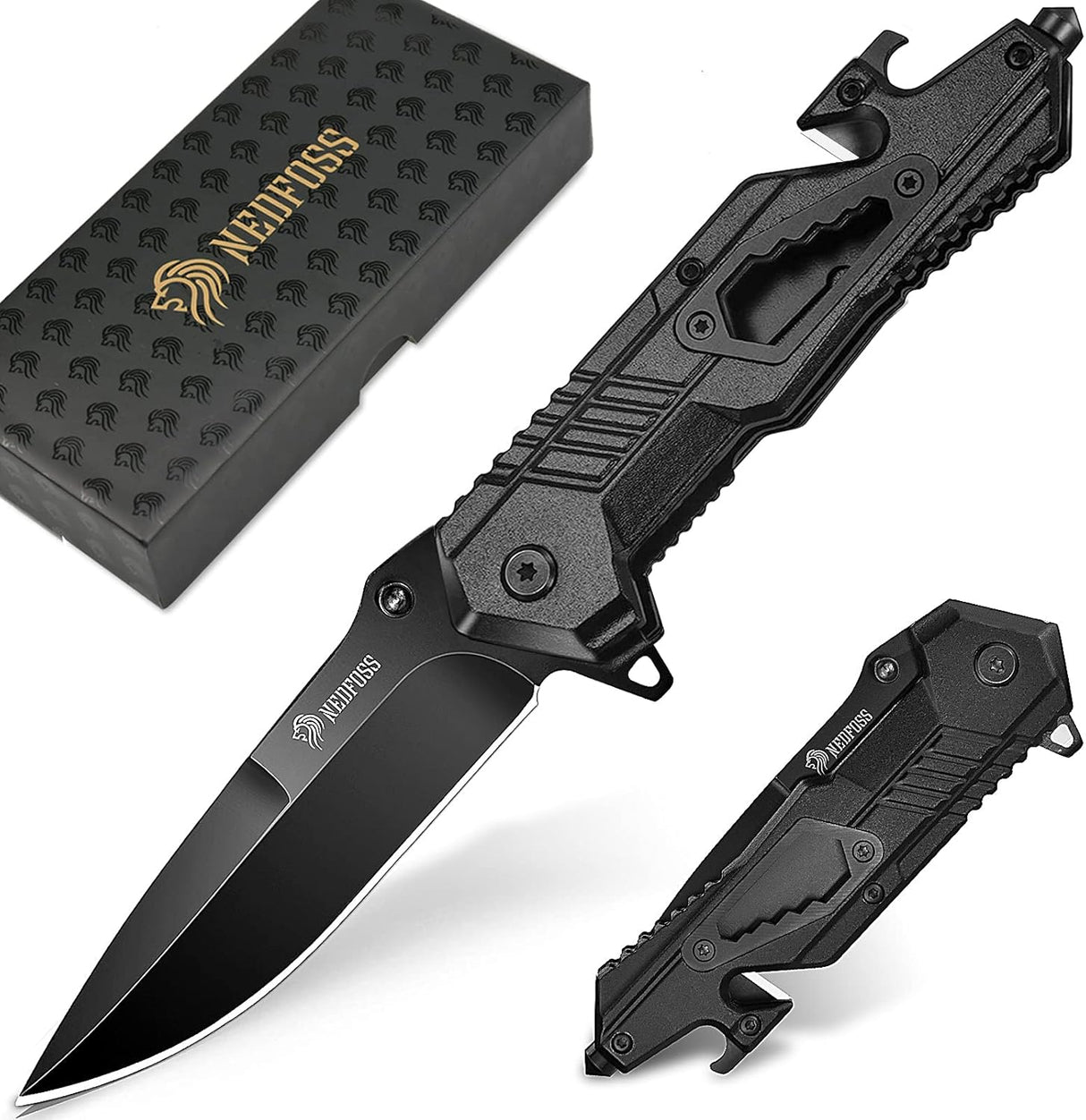 Cuchillo plegable de bolsillo EDC 5 en 1 para hombres, negro