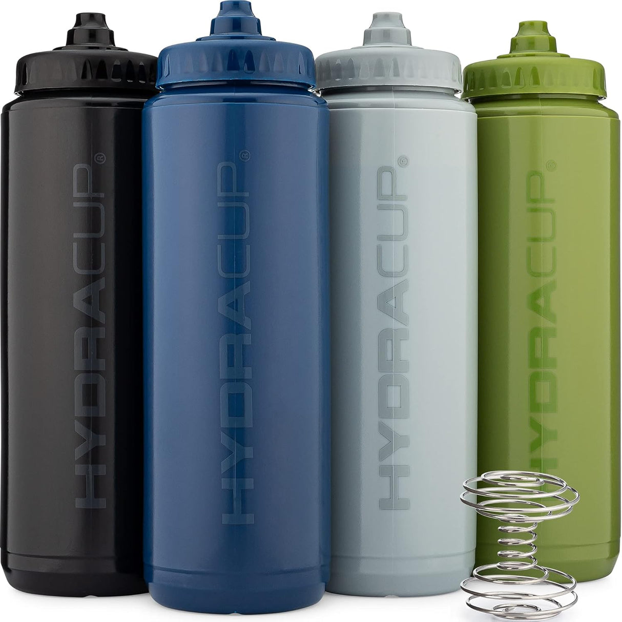 Hydra Cup - Paquete de 4 botellas de agua exprimibles de 32 onzas, sin BPA, para deportes, ciclismo, bicicleta, hidratación rápida por chorro y batidor de alambre incluido.