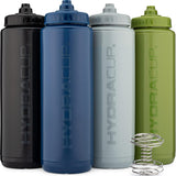 Hydra Cup - Paquete de 4 botellas de agua exprimibles de 32 onzas, sin BPA, para deportes, ciclismo, bicicleta, hidratación rápida por chorro y batidor de alambre incluido.