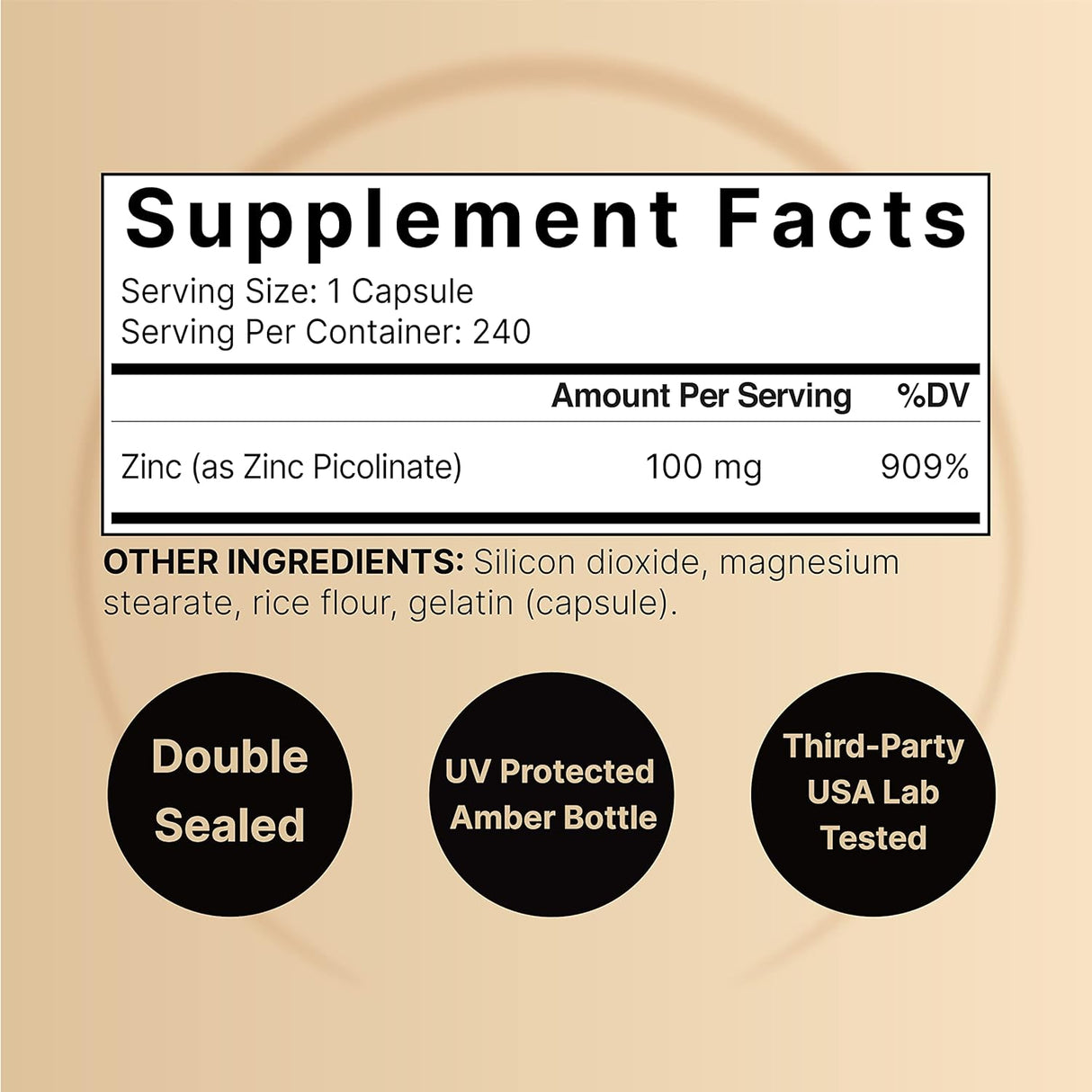 Suplementos Picolinato de zinc de alta potencia 100 mg  240u