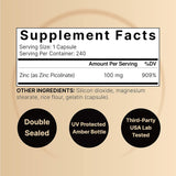 Suplementos Picolinato de zinc de alta potencia 100 mg  240u