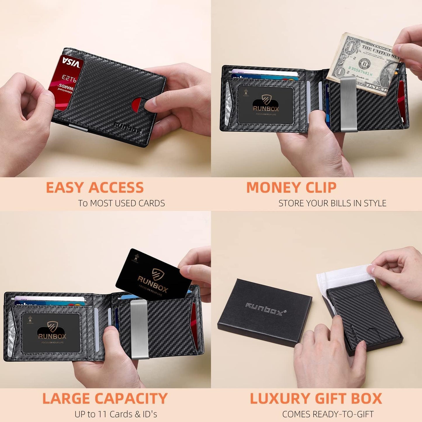 Billetera RUNBOX Slim para Hombre - Clip de Dinero RFID, Bifold