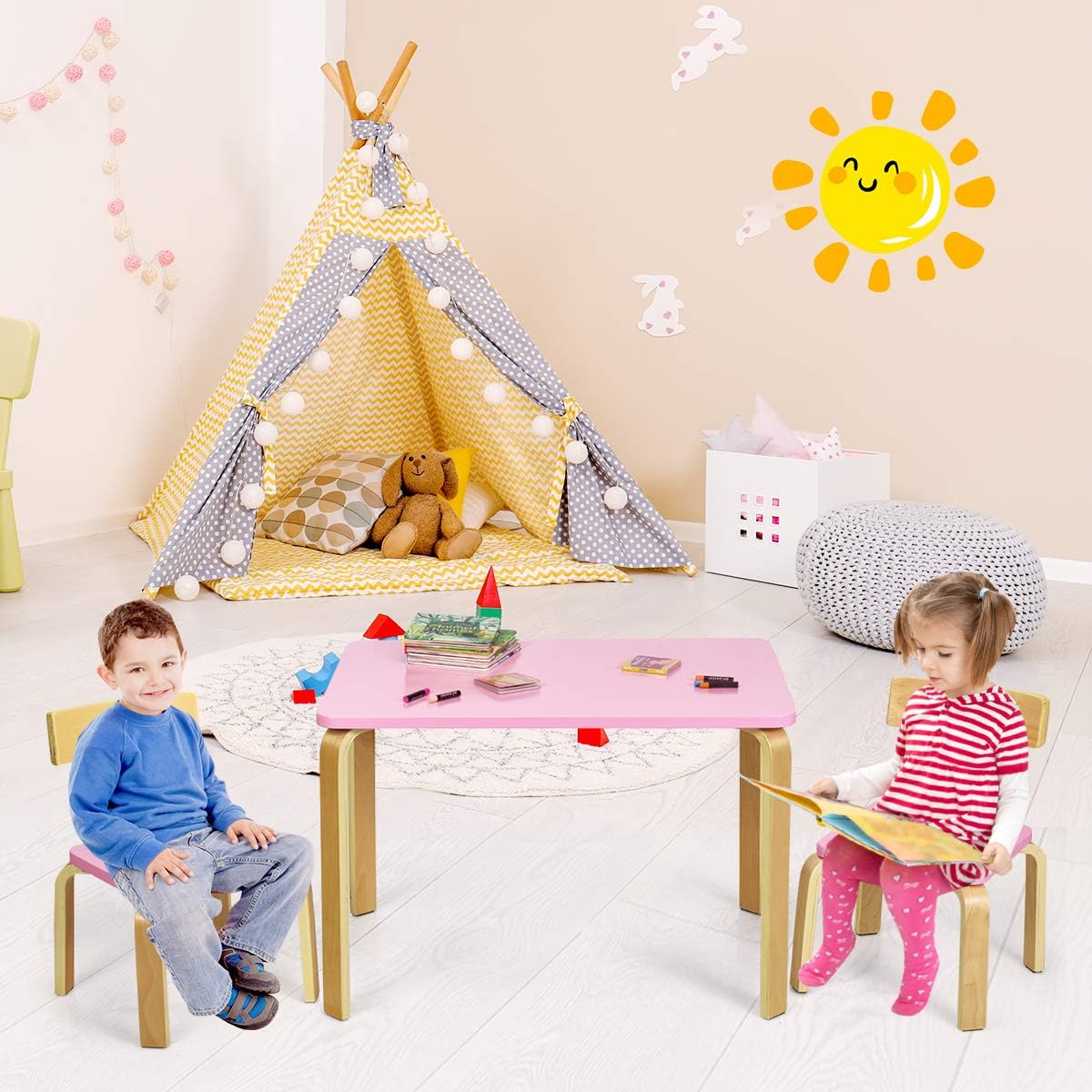 Mesa y sillas de madera para niños pequeños lectura artes