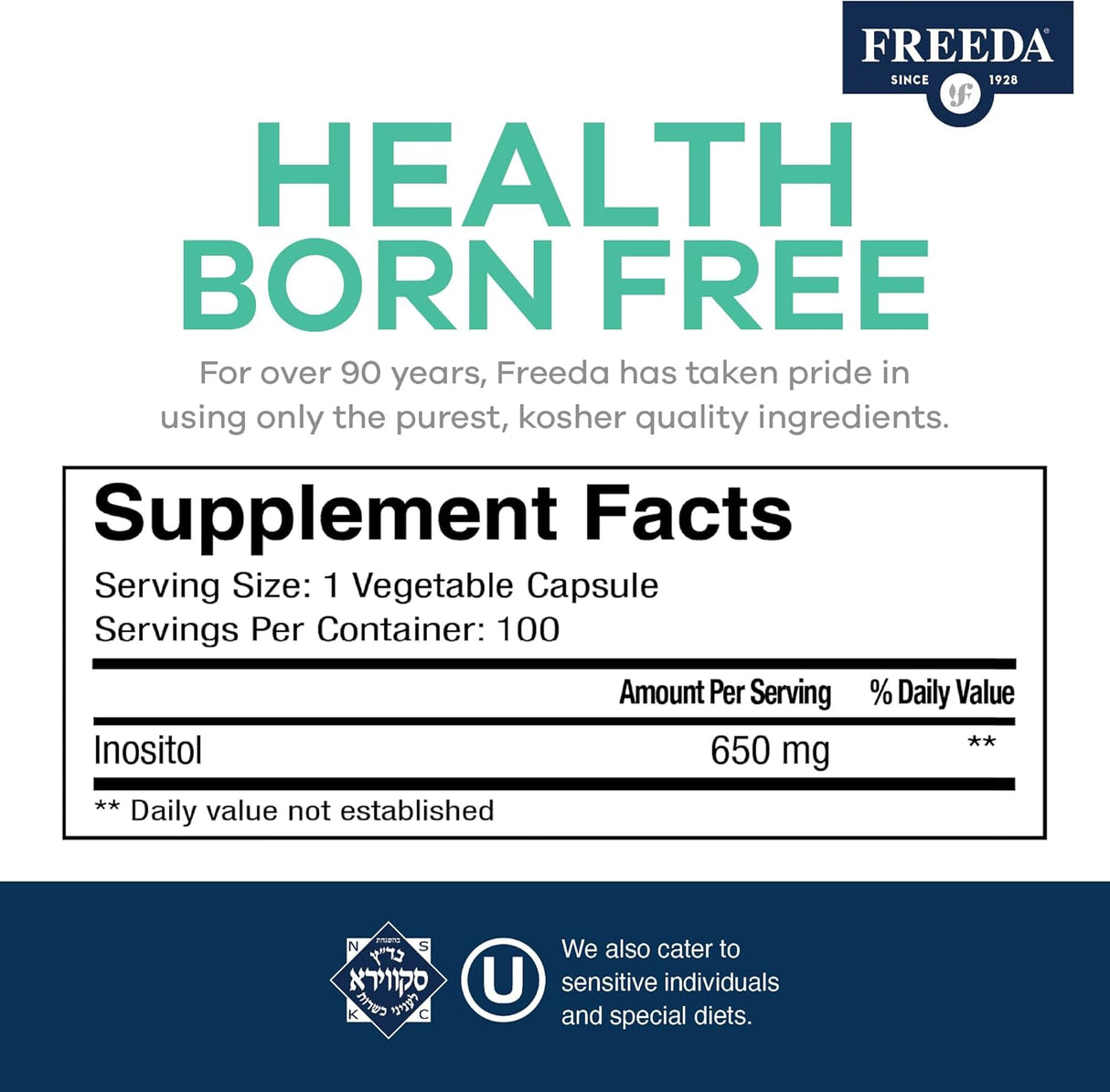 FREEDA Inositol Pure Cápsulas, 100 c, 100 días, Kosher