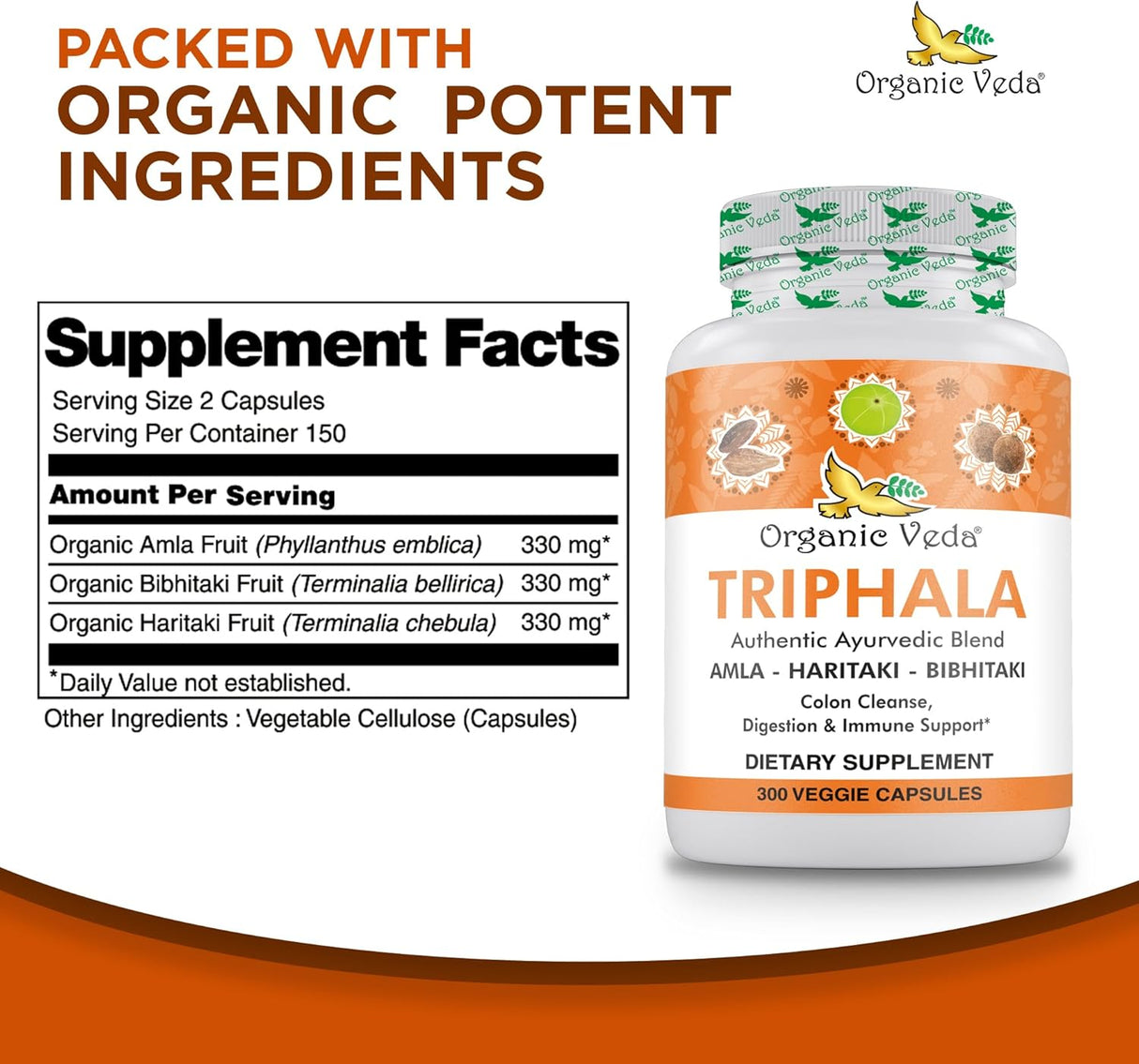 Polvo de Triphala Orgánico 300 Cápsulas - Organic Veda 1000mg