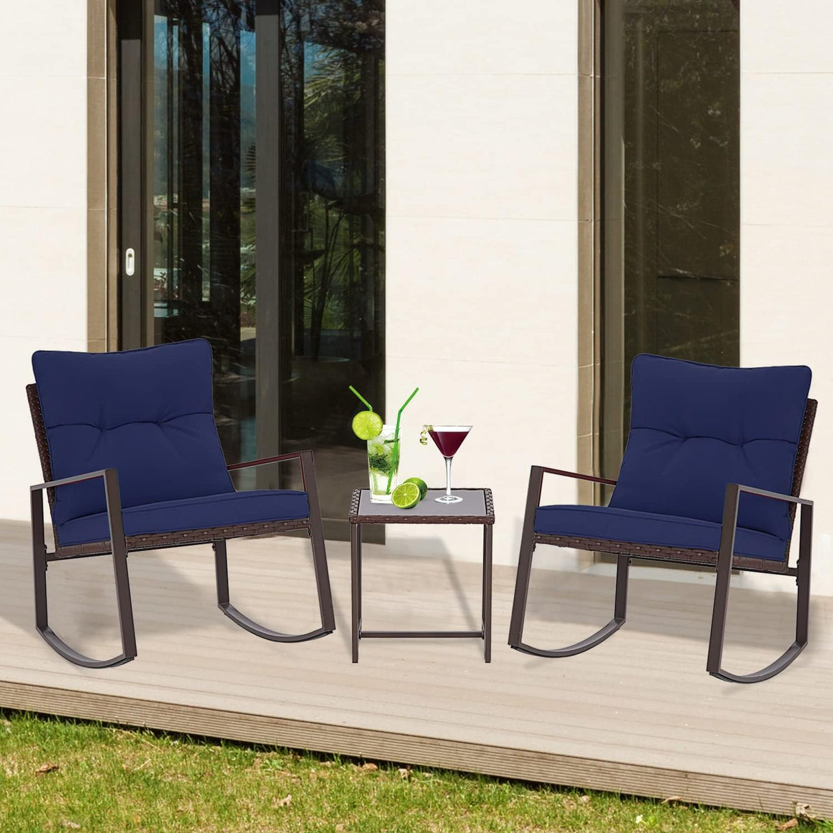 SUNCROWN Juego de 3 piezas para exteriores, muebles de mimbre negro, sillas de porche, juegos de conversación con mesa de café de cristal, azul oscuro