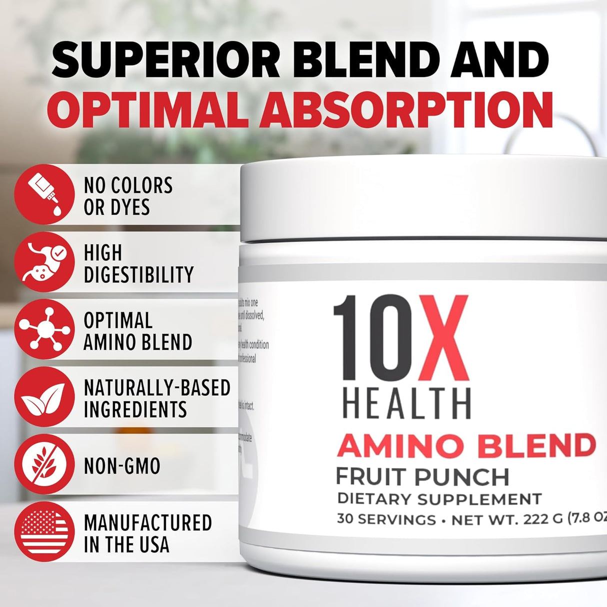Amino Blend 10X Salud, EAA+BCAA, Energía, 30 porciones