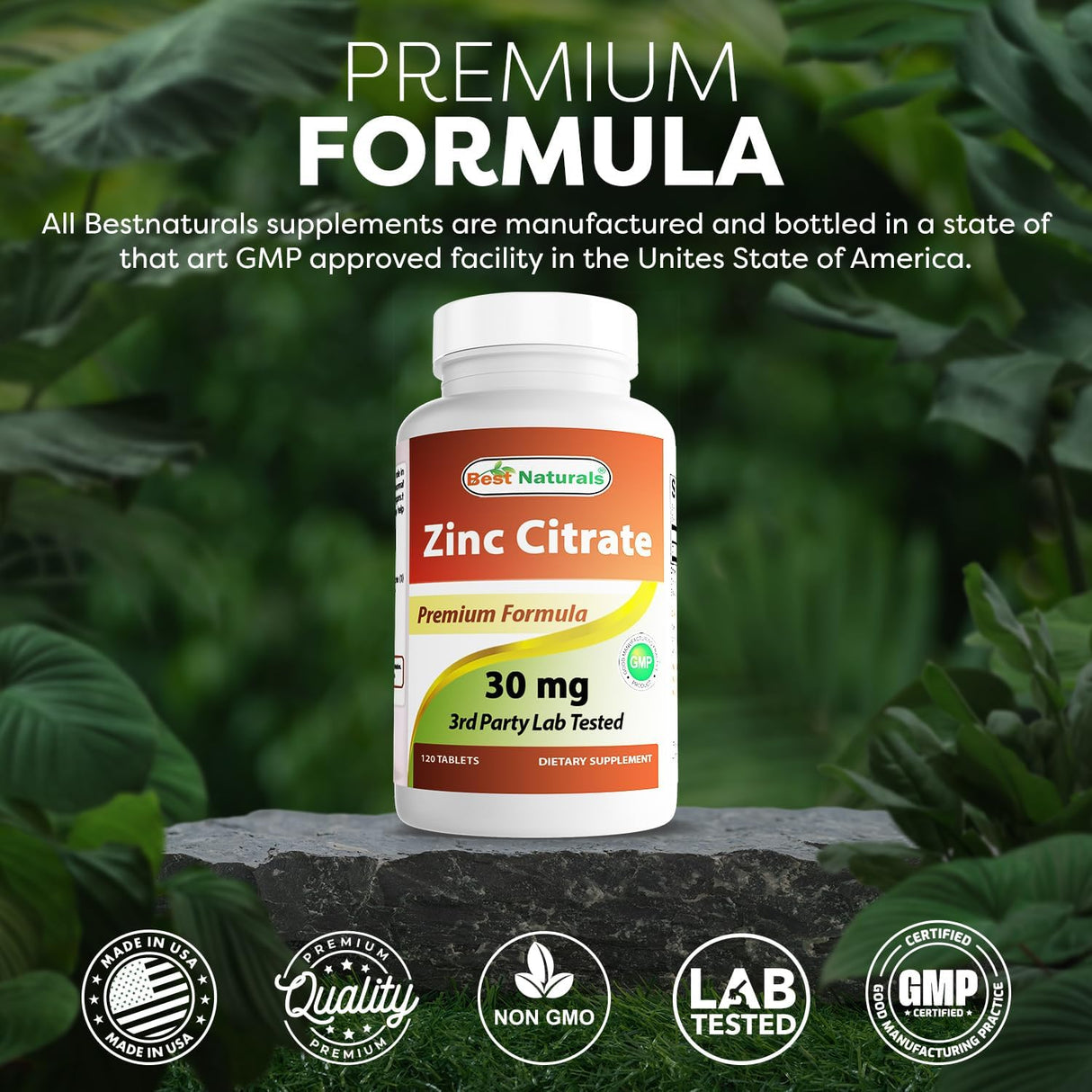 Suplemento de Zinc 30mg Best Naturals Zinc Citrato, Inmunidad, 120 Tablas x 3