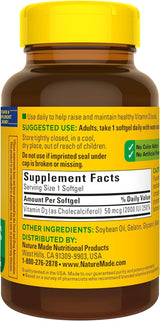 Suplemento de Vitamina D3 2000 IU Nature Made, 250 Gelatinas
