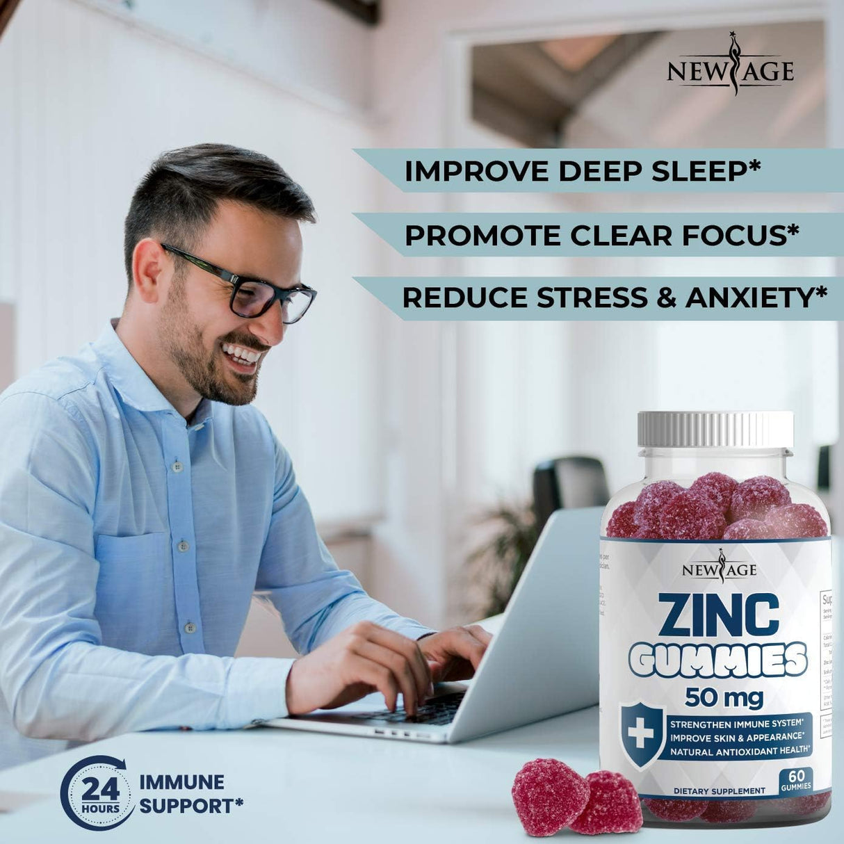 Gomitas de zinc – Paquete de 2 – Suplemento de zinc inmunitario de alta potencia de 50 mg, defensa inmune, potente antioxidante natural, sin OMG, de New Age, 120 unidades