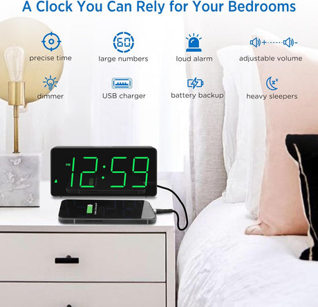 Reloj Digital con Alarma, Números Grandes, Puerto USB, Modelo Peakeep