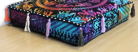 ICC Large Square Cotton Mandala Cushion Cover Hippie Ottoman Pouf Cover Daybed Floor Pillow Cover with Heavy Duty Zipper Seating Ottoman Poufs Dog-Pets Bed (Multi UP Elephant, 18&#34; Square)