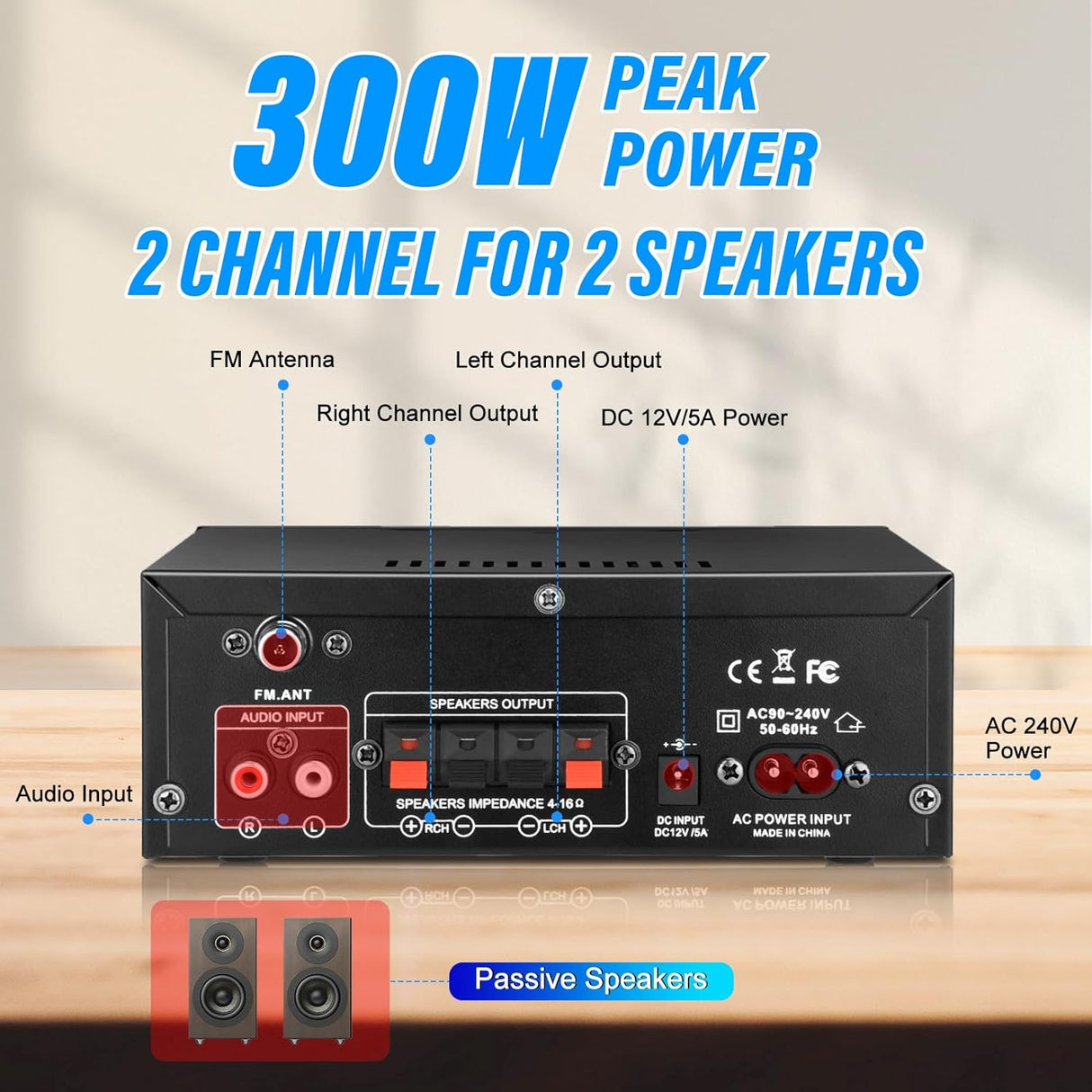 Amplificador de Audio Estéreo 300W, Bluetooth 5.0, AK45