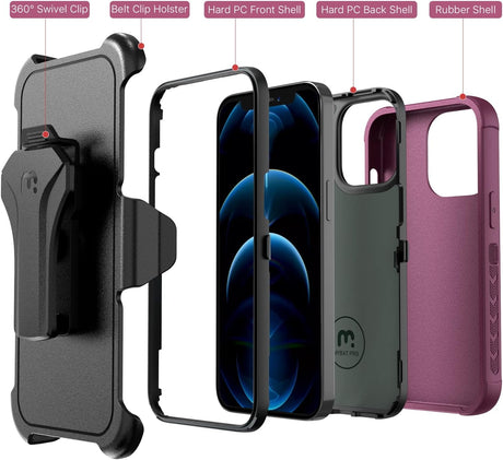 MYBAT Pro - Funda a prueba de golpes para iPhone 12 / 12 Pro de 6.1 pulgadas con funda de clip para cinturón y película de vidrio templado, resistente funda protectora de grado militar con soporte giratorio de 360°, color ciruela