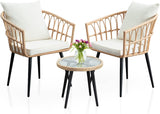 WENHAUS Juego de 3 piezas de muebles de mimbre para patio, juego de muebles de mimbre para todo tipo de clima, juego de conversación con cojines de mesa redonda para jardín, balcón, patio, porche, cubierta, beige