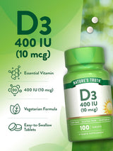Vitamina D3 Nature's Truth 400 IU 100 tabletas Vegetarianas Non-GMO