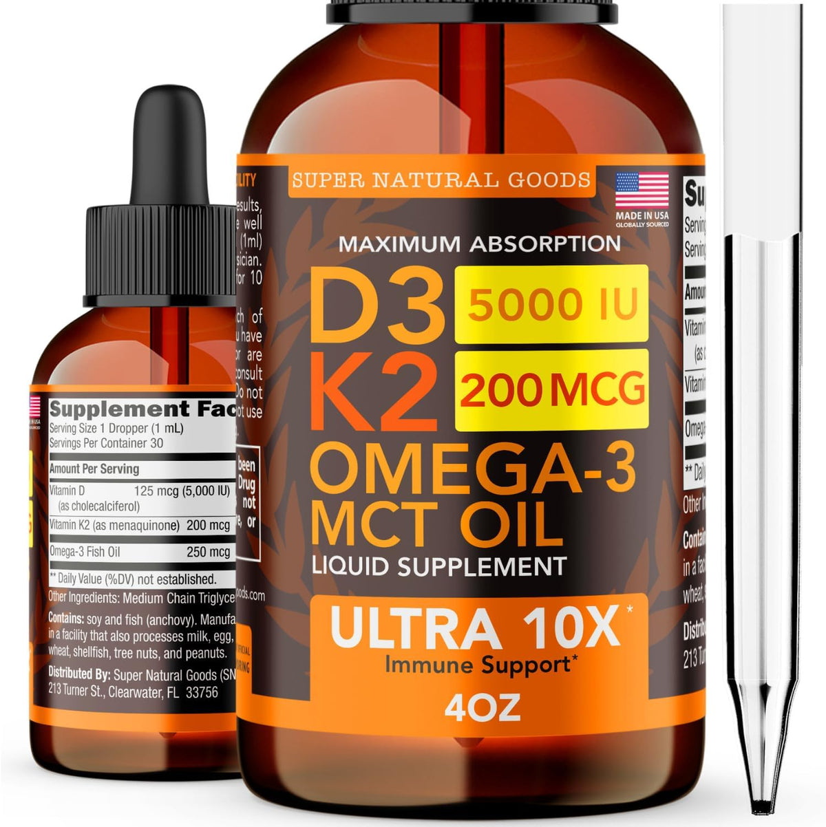 Vitamin D3 K2 Líquido 5000 IU, 4oz, Máxima Fuerza, Omega 3