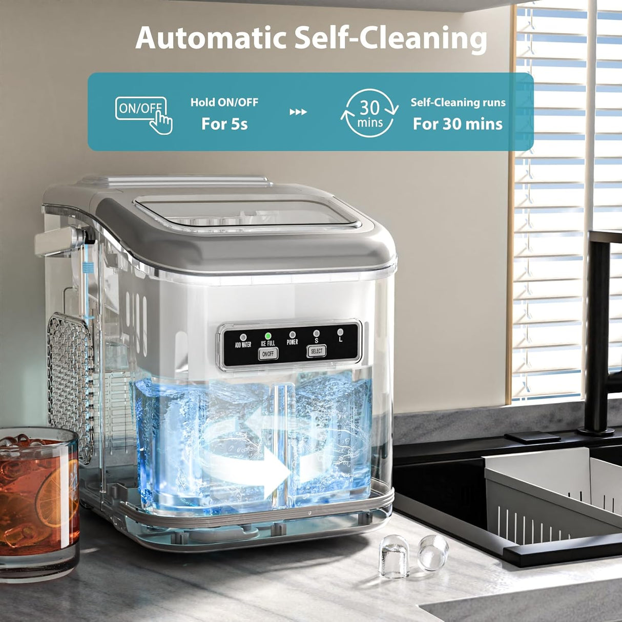 Máquina de Hielo Portátil Compacta, 9 Cubos en 6 Min, 26lbs/24Hrs