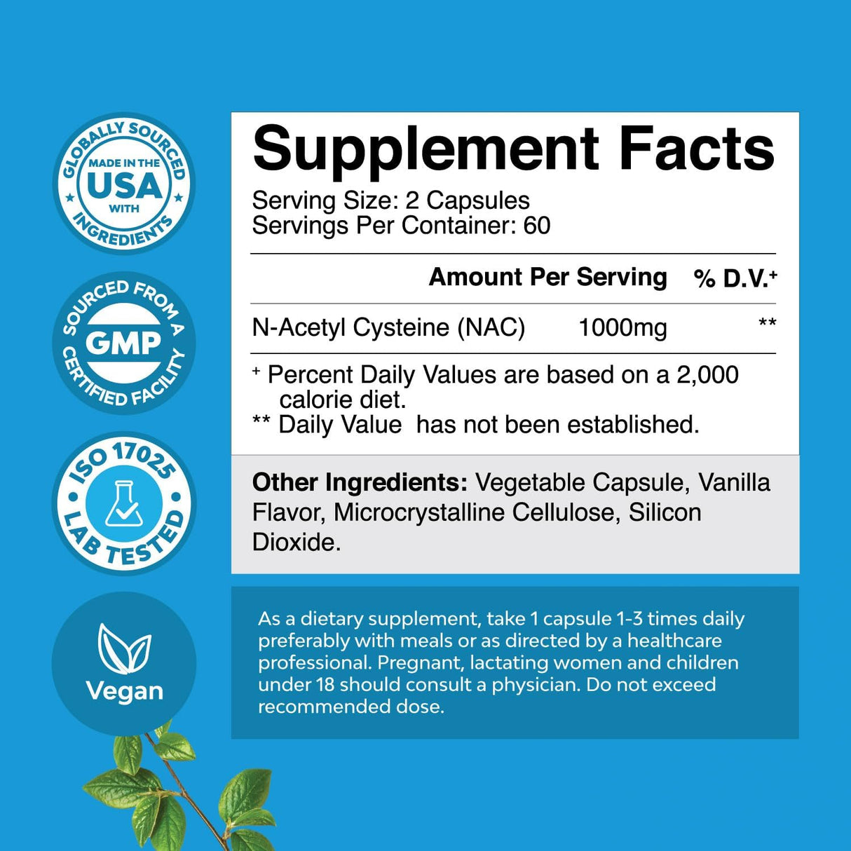 NAC Suplemento N-Acetil Cisteína 1000mg Vegan 2 Meses