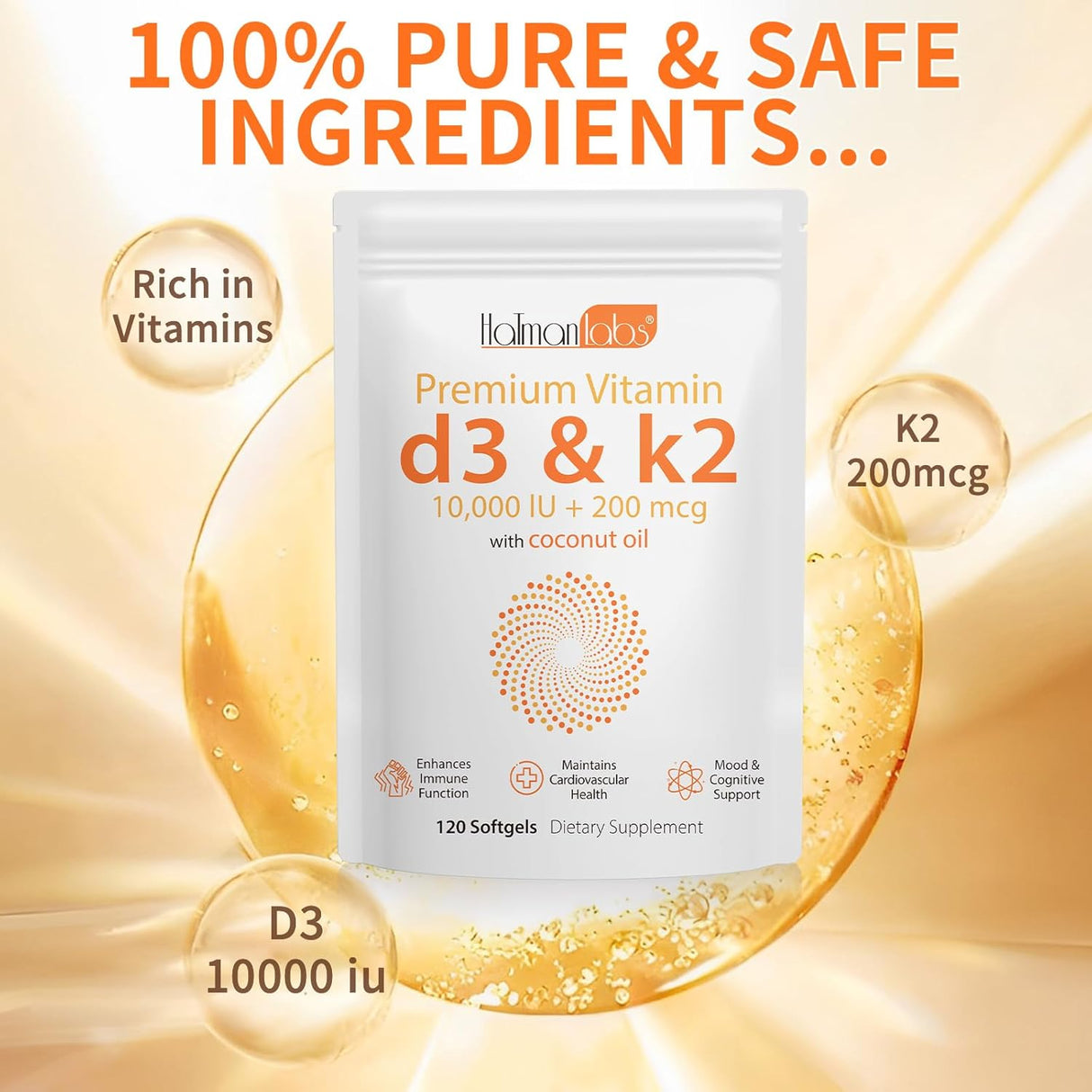Suplemento de Vitamina D3 K2, 10000 IU, Salud Ósea y Inmunidad