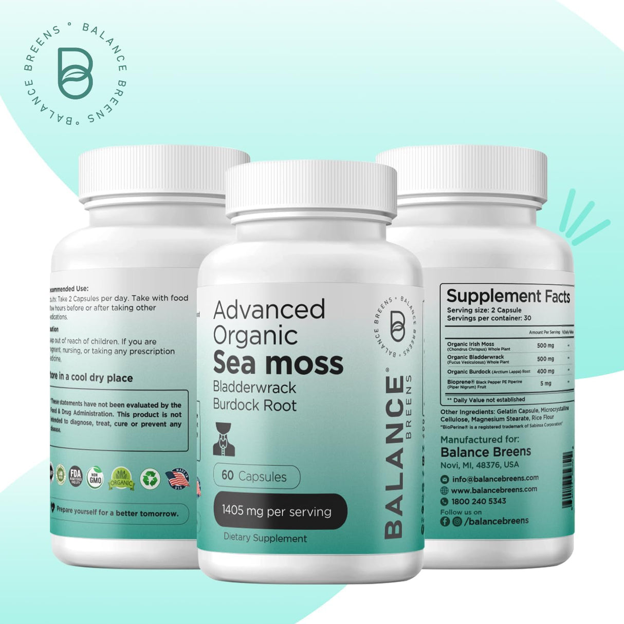 Suplemento de Musgo de Irlanda, Búlderwrack y Bardana 1405mg