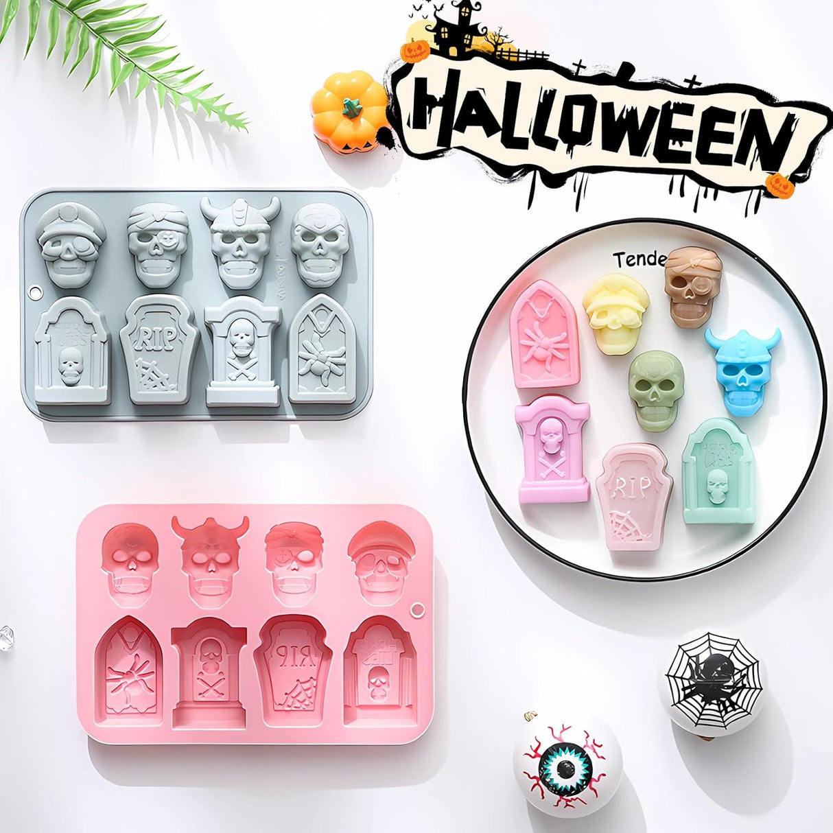 Moldes de Silicona Halloween Skull, 2PCS, 8 Cavidades, Food Grade