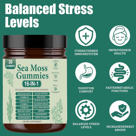 Gomitas de Musgo de Mar 16 en 1, Orgánico, Vegano, 30