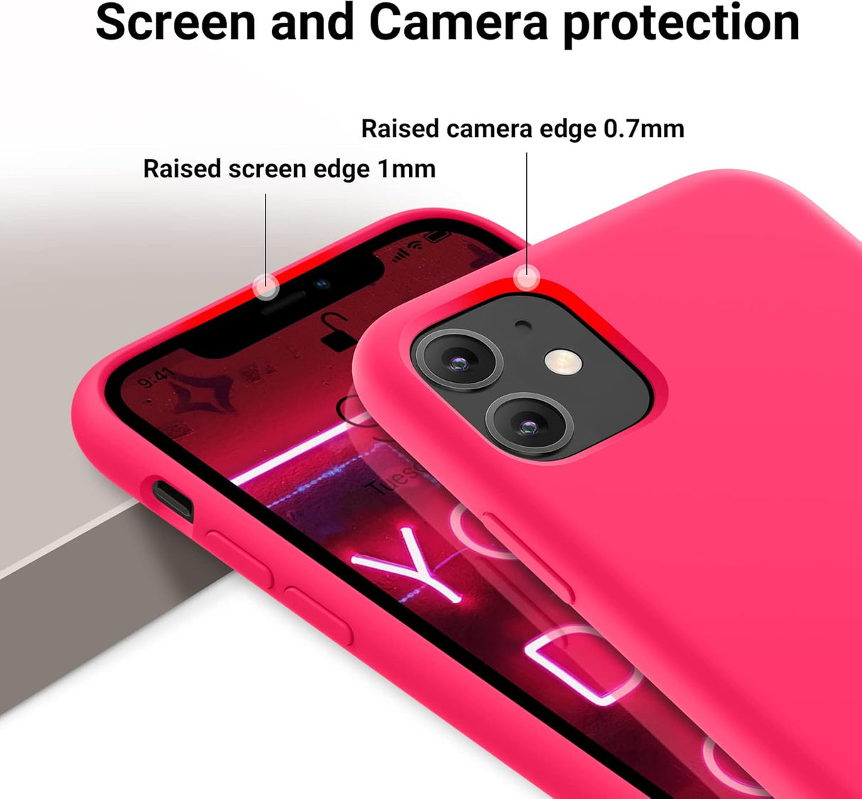 OTOFLY Funda de silicona suave diseñada para iPhone 11, [protección contra caídas de grado militar] [forro de microfibra antiarañazos] Funda protectora a prueba de golpes, funda delgada de 6.1 pulgadas, rosa neón