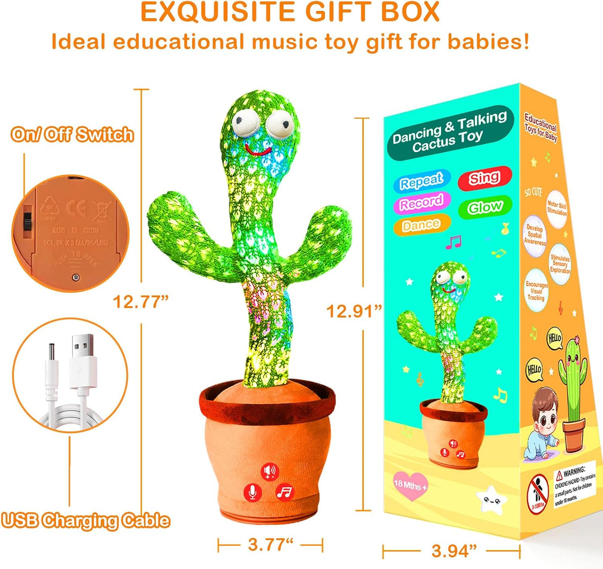 Juguete Cactus Interactivo, Recargable, Volumen Ajustable, Modelo X
