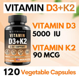 Complejo de Vitamina D3 K2 - Cápsulas 120, Sin Gluten, USA