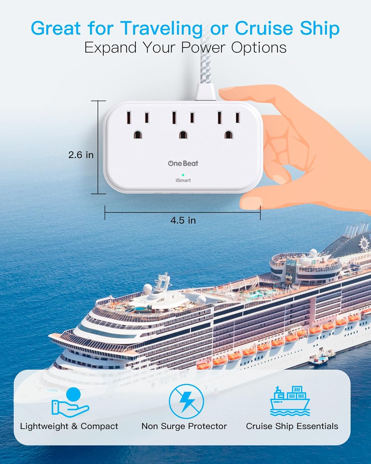 Cruise Essentials, cable de extensión plano de 5 pies, 3 tomas