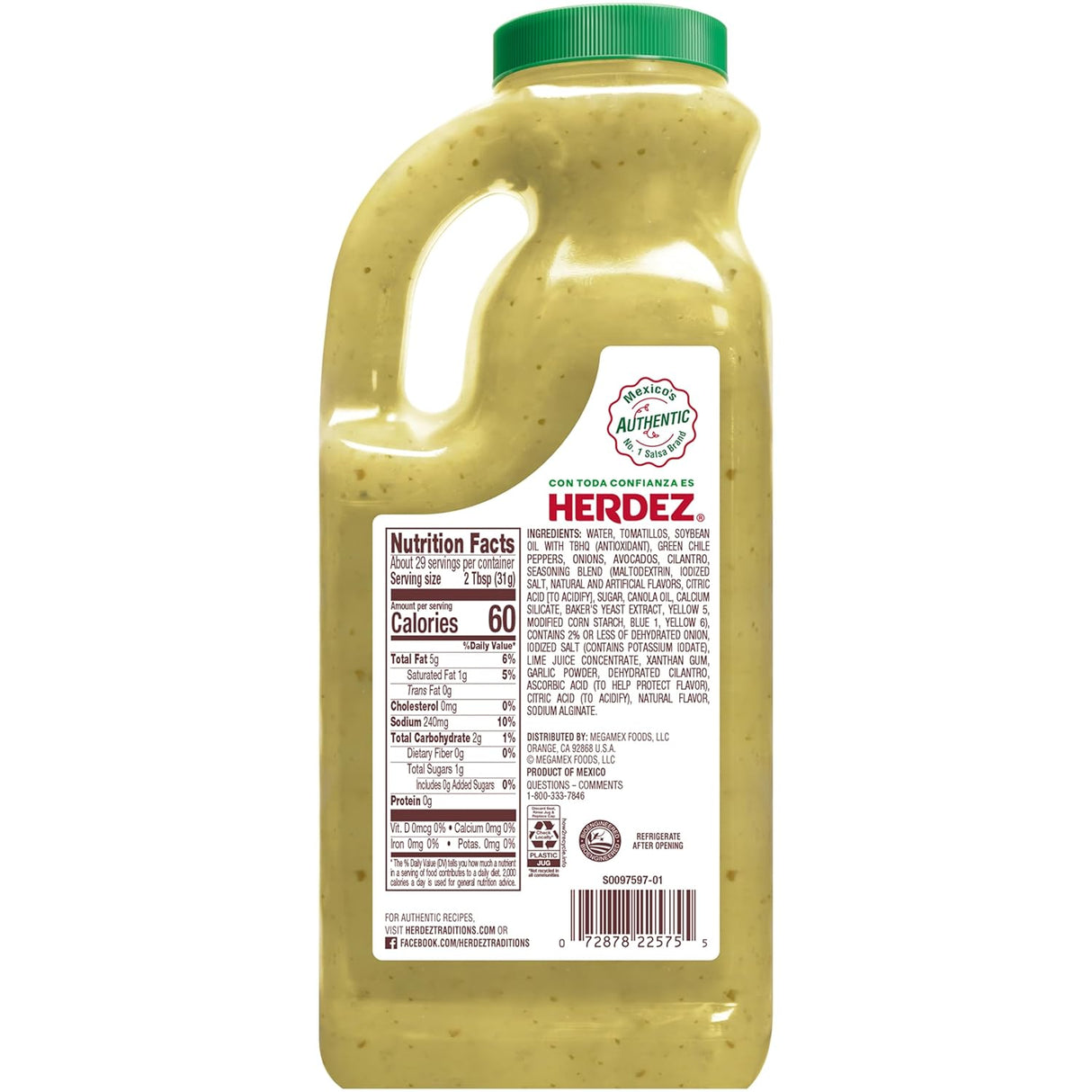 Salsa Guacamole HERDEZ, Mediana, 32 oz. jarrón