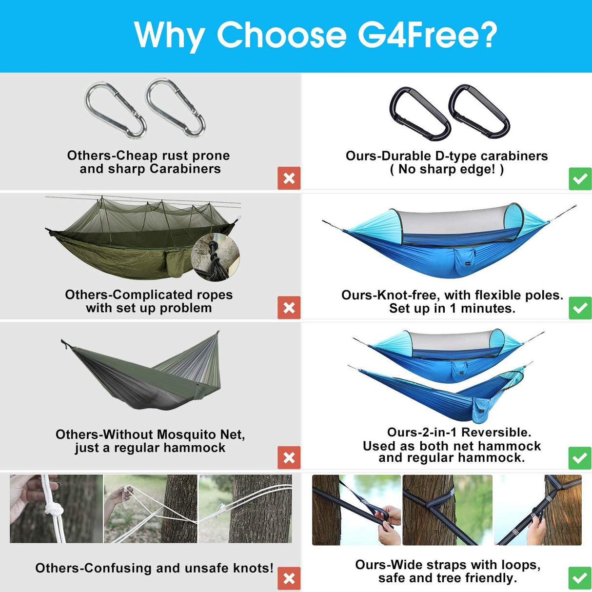 Hamaca grande G4Free con mosquitera para 2 personas, ligera