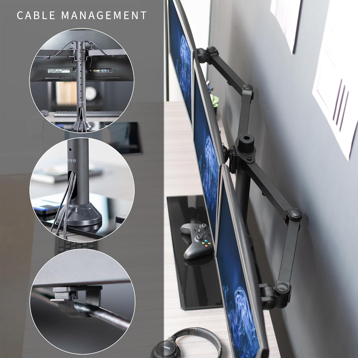 Soporte de Tres Monitores VIVO, Ajustable, STAND-V003FG