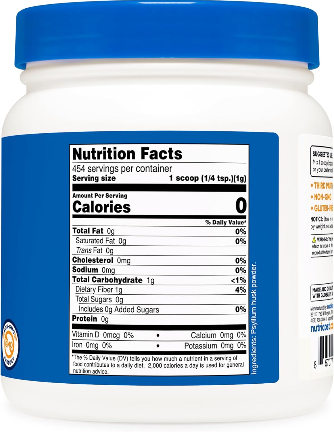 Psyllium Husk en Polvo Nutricost - Sin Gluten y No GMO 1lbs